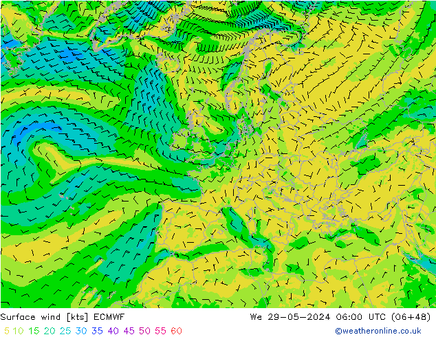 ветер 10 m ECMWF ср 29.05.2024 06 UTC