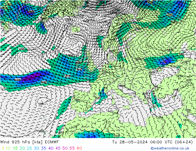 wiatr 925 hPa ECMWF wto. 28.05.2024 06 UTC