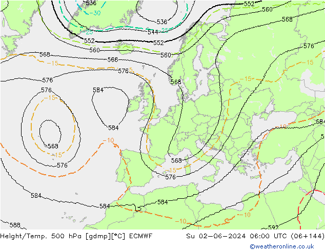 Hoogte/Temp. 500 hPa ECMWF zo 02.06.2024 06 UTC