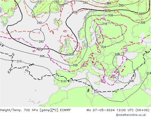 Height/Temp. 700 гПа ECMWF пн 27.05.2024 12 UTC