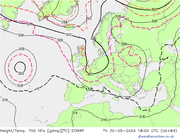 Height/Temp. 700 гПа ECMWF чт 30.05.2024 18 UTC