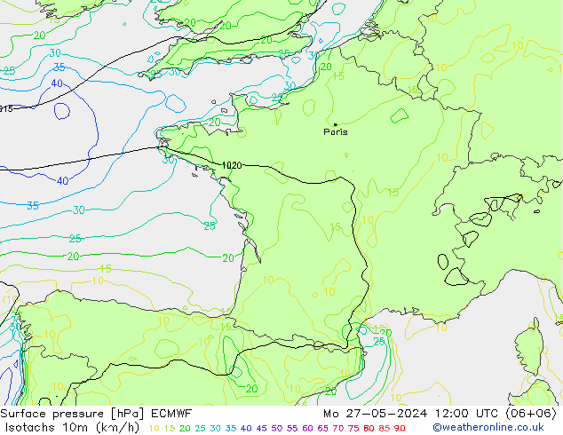 Isotachen (km/h) ECMWF ma 27.05.2024 12 UTC