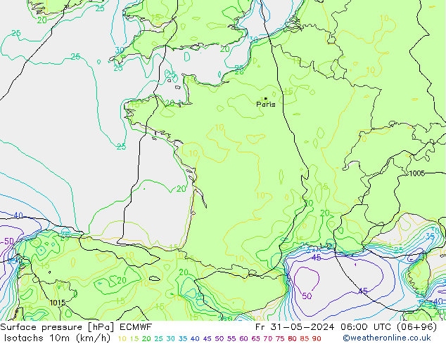 Isotachs (kph) ECMWF ven 31.05.2024 06 UTC