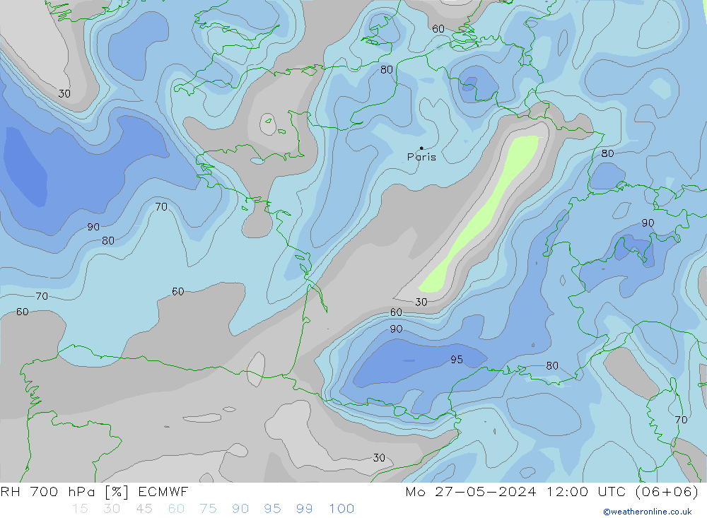 RH 700 hPa ECMWF Mo 27.05.2024 12 UTC