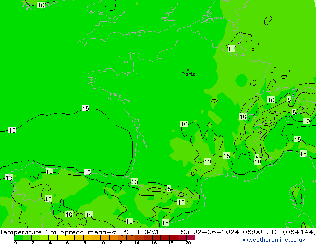 Temperature 2m Spread ECMWF Su 02.06.2024 06 UTC