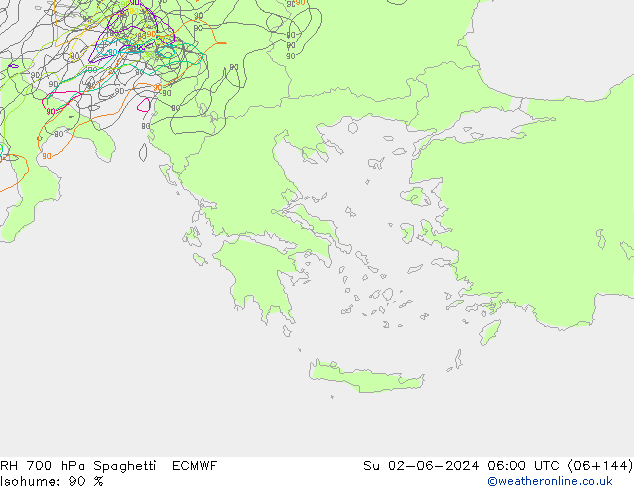 RH 700 гПа Spaghetti ECMWF Вс 02.06.2024 06 UTC