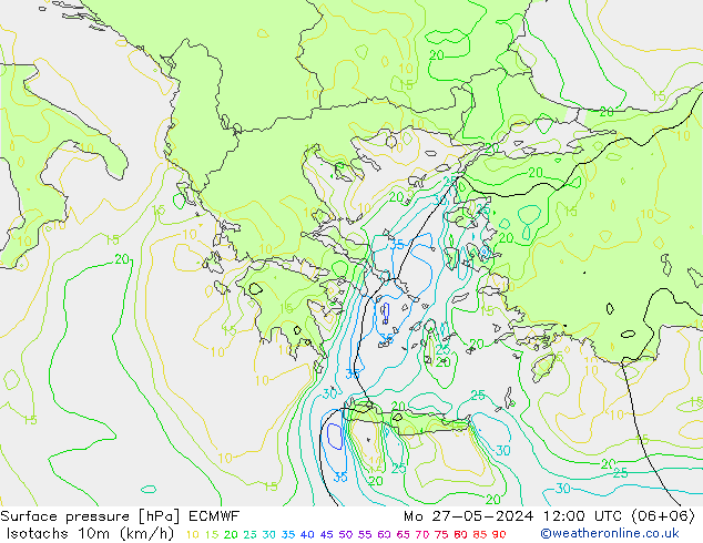 Isotachs (kph) ECMWF Mo 27.05.2024 12 UTC