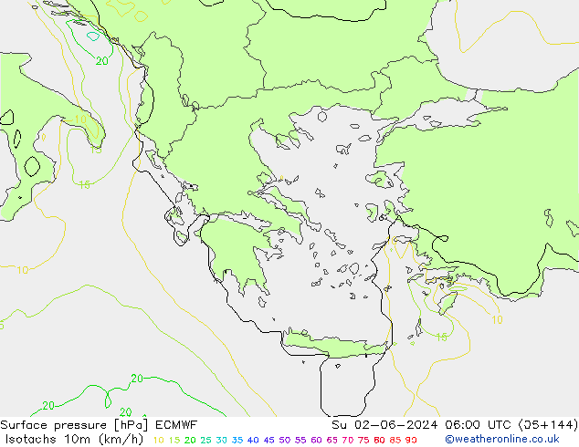 Isotachen (km/h) ECMWF zo 02.06.2024 06 UTC