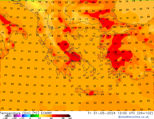 Temperatura (2m) ECMWF ven 31.05.2024 12 UTC