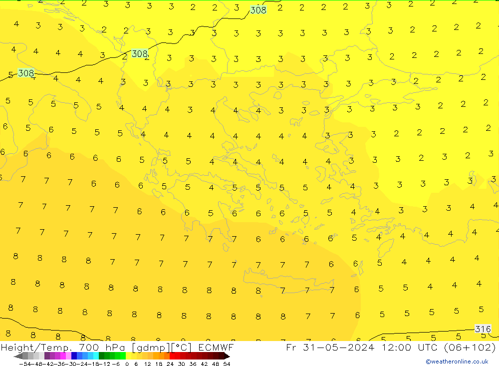 Height/Temp. 700 hPa ECMWF Sex 31.05.2024 12 UTC