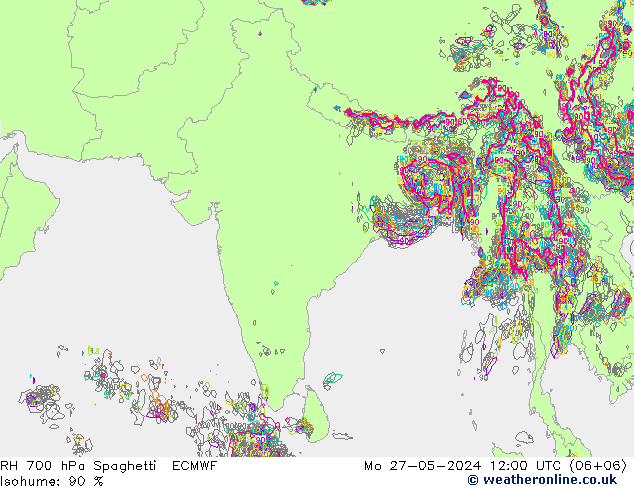 RH 700 hPa Spaghetti ECMWF Mo 27.05.2024 12 UTC