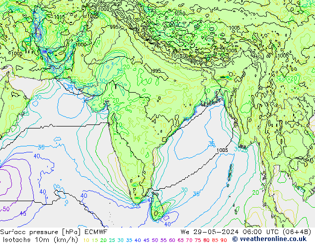 Isotachs (kph) ECMWF ср 29.05.2024 06 UTC