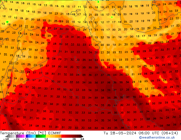 карта температуры ECMWF вт 28.05.2024 06 UTC