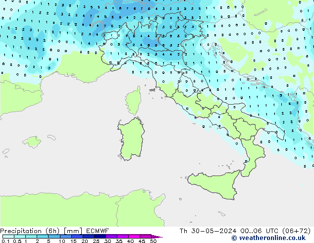 Precipitation (6h) ECMWF Čt 30.05.2024 06 UTC