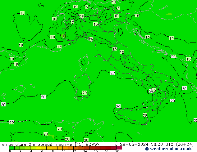 Temperatura 2m Spread ECMWF mar 28.05.2024 06 UTC