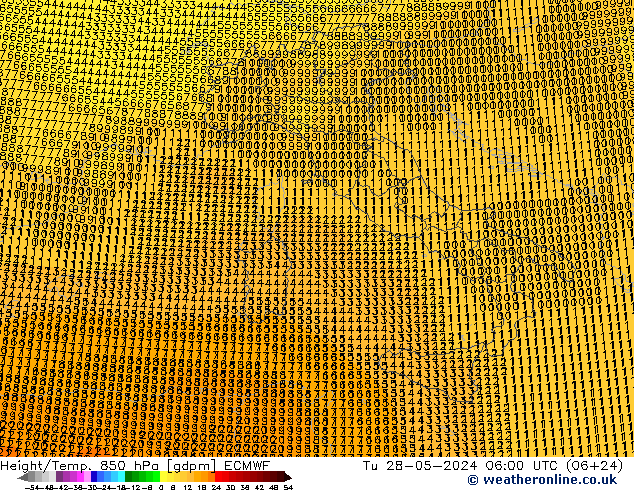 Geop./Temp. 850 hPa ECMWF mar 28.05.2024 06 UTC