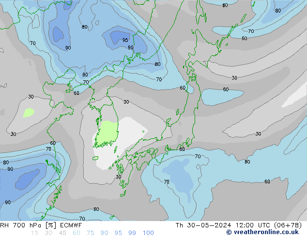 RH 700 hPa ECMWF Th 30.05.2024 12 UTC