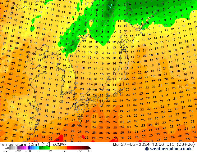 Temperature (2m) ECMWF Po 27.05.2024 12 UTC