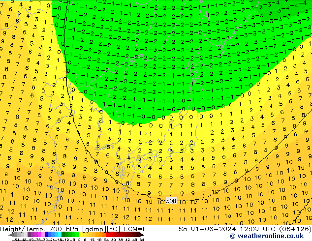 Height/Temp. 700 гПа ECMWF сб 01.06.2024 12 UTC