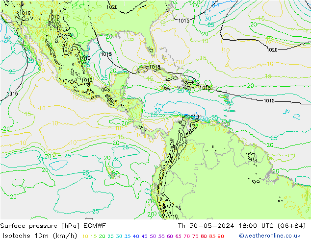 Isotachen (km/h) ECMWF Do 30.05.2024 18 UTC