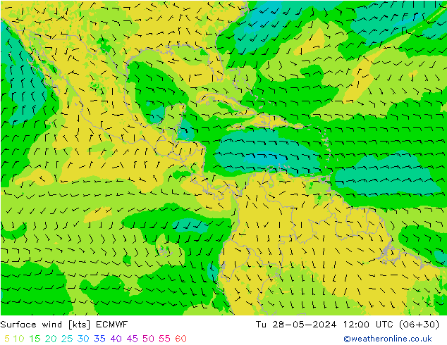 wiatr 10 m ECMWF wto. 28.05.2024 12 UTC