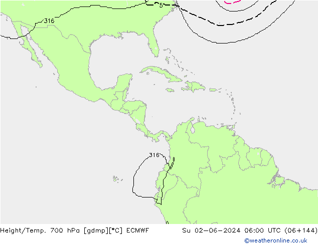 Geop./Temp. 700 hPa ECMWF dom 02.06.2024 06 UTC