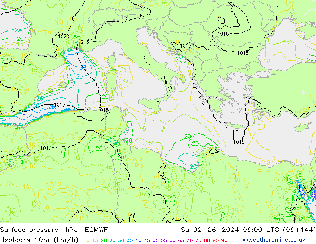 Isotachs (kph) ECMWF  02.06.2024 06 UTC