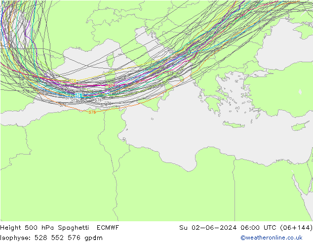 Height 500 hPa Spaghetti ECMWF Dom 02.06.2024 06 UTC