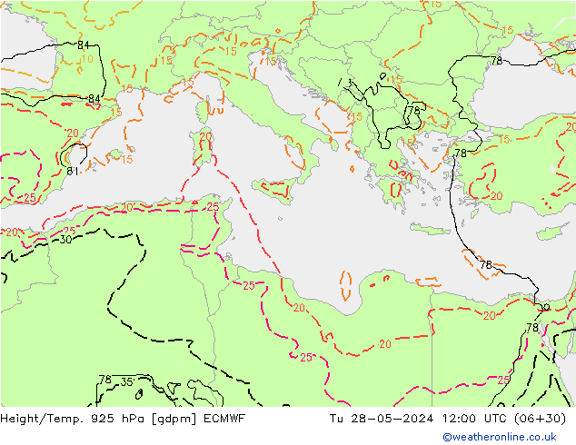 Height/Temp. 925 hPa ECMWF Tu 28.05.2024 12 UTC