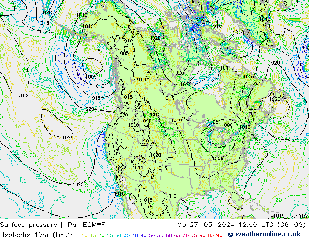 Isotachs (kph) ECMWF Mo 27.05.2024 12 UTC