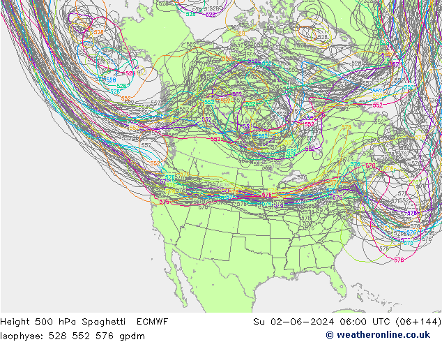 Height 500 hPa Spaghetti ECMWF Su 02.06.2024 06 UTC