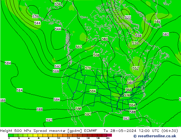 Height 500 hPa Spread ECMWF mar 28.05.2024 12 UTC