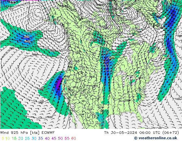 Wind 925 hPa ECMWF Čt 30.05.2024 06 UTC