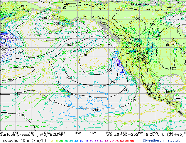 Eşrüzgar Hızları (km/sa) ECMWF Çar 29.05.2024 18 UTC