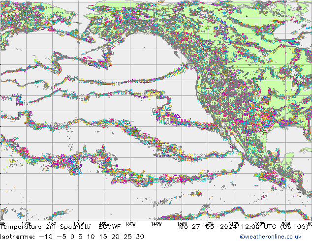 Temperature 2m Spaghetti ECMWF Mo 27.05.2024 12 UTC