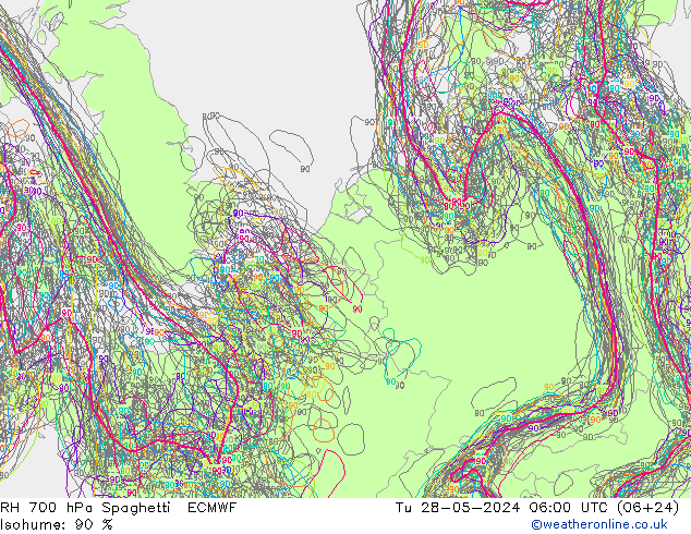 RH 700 hPa Spaghetti ECMWF Út 28.05.2024 06 UTC