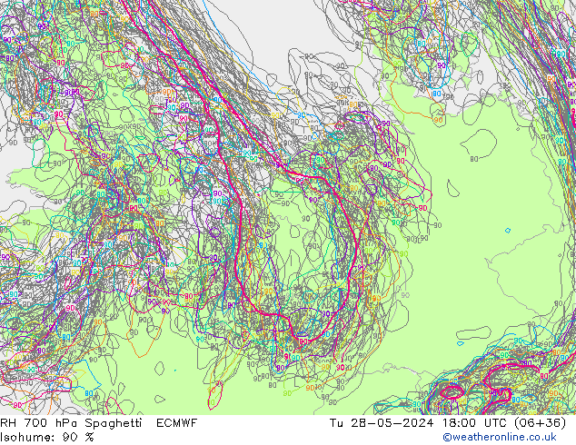 RH 700 hPa Spaghetti ECMWF Di 28.05.2024 18 UTC