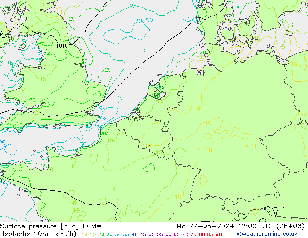 Isotachs (kph) ECMWF lun 27.05.2024 12 UTC