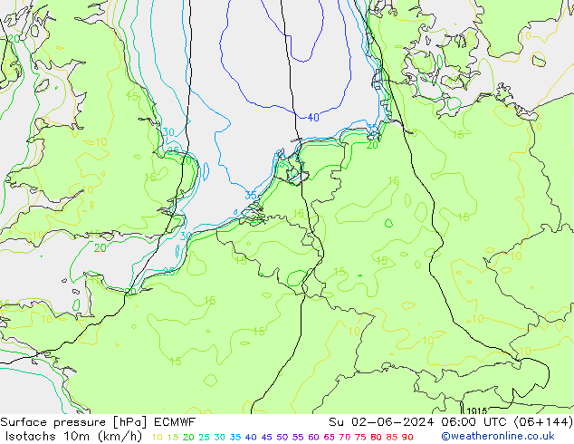 Isotaca (kph) ECMWF dom 02.06.2024 06 UTC