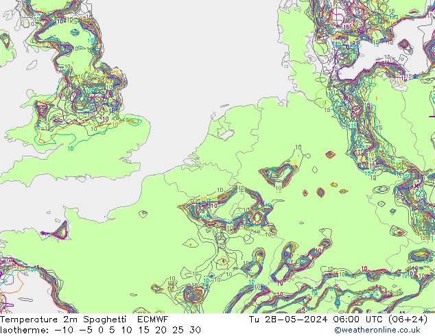 Temperature 2m Spaghetti ECMWF Út 28.05.2024 06 UTC