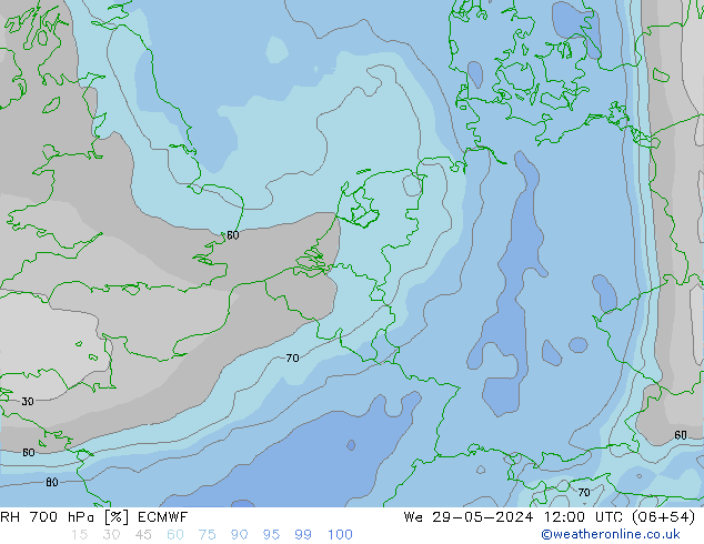 Humidité rel. 700 hPa ECMWF mer 29.05.2024 12 UTC