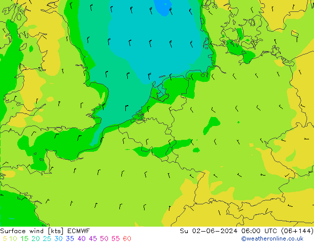 ветер 10 m ECMWF Вс 02.06.2024 06 UTC