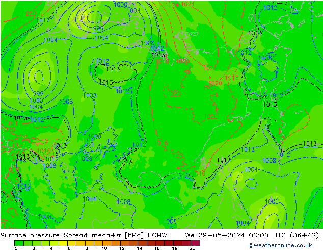 Surface pressure Spread ECMWF We 29.05.2024 00 UTC