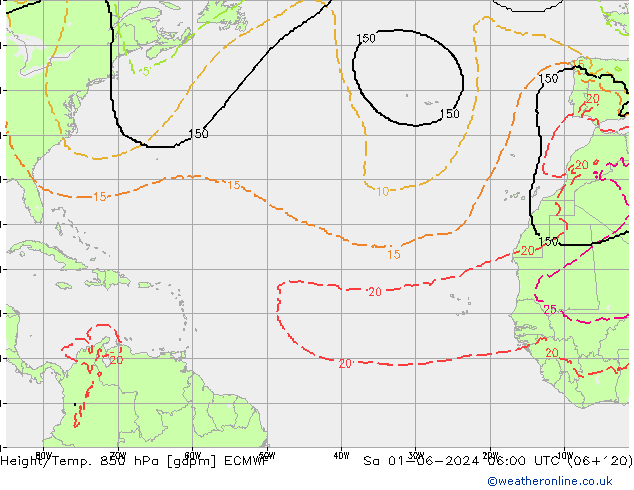 Geop./Temp. 850 hPa ECMWF sáb 01.06.2024 06 UTC