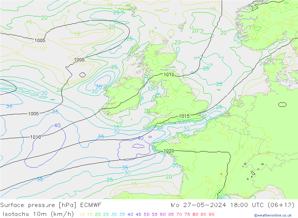 Isotachs (kph) ECMWF lun 27.05.2024 18 UTC