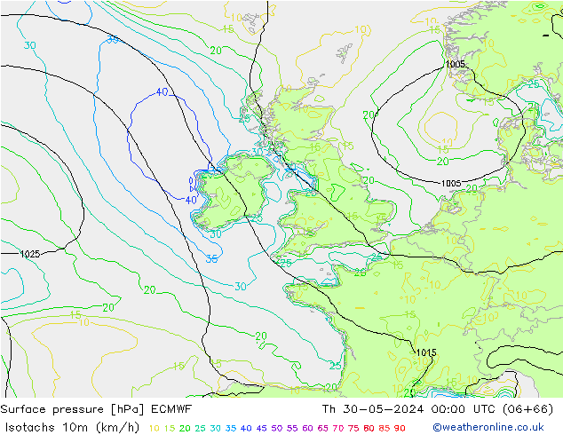 Isotachs (kph) ECMWF Th 30.05.2024 00 UTC