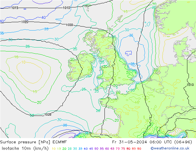 Isotachs (kph) ECMWF Fr 31.05.2024 06 UTC