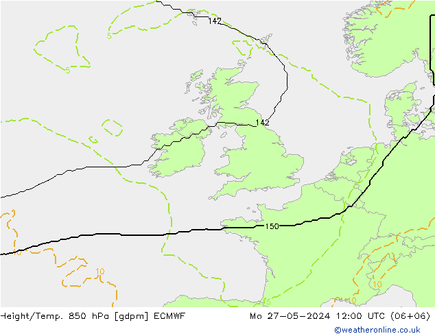 Geop./Temp. 850 hPa ECMWF lun 27.05.2024 12 UTC