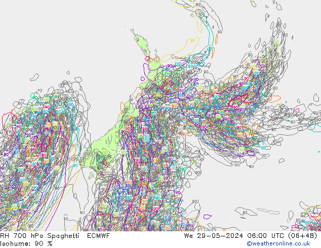 RH 700 гПа Spaghetti ECMWF ср 29.05.2024 06 UTC