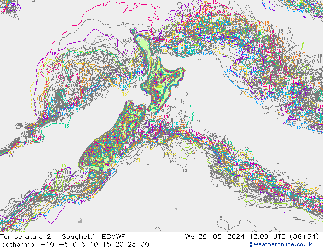 Temperatura 2m Spaghetti ECMWF Qua 29.05.2024 12 UTC